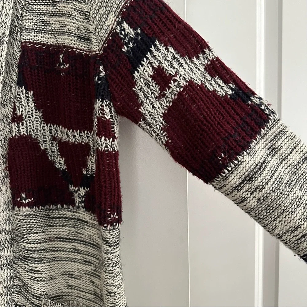 Fair Isle Fall Grey & Burgundy Open Front Oversized Cardigan Sweater